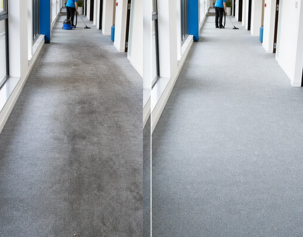 Hallway traffic lane shown before and after professional carpet cleaning