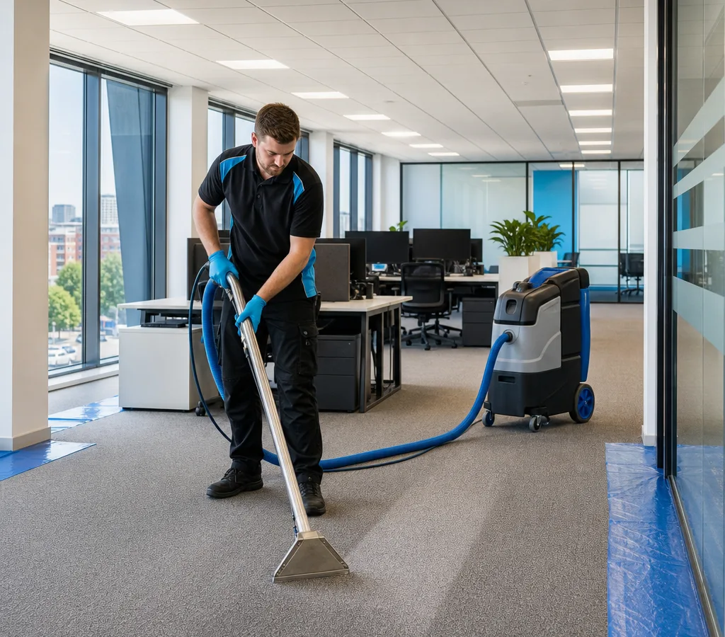 Professional carpet cleaner using an extraction wand on commercial carpet in a Leeds office