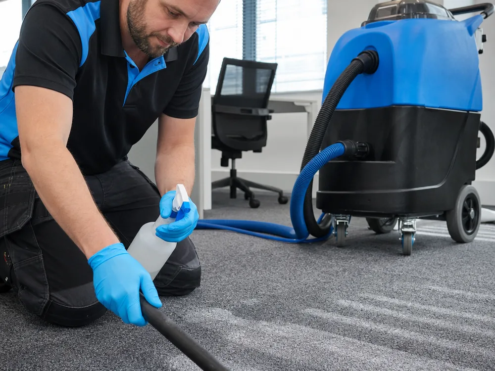 Technician applying pre-spray and grooming a commercial carpet traffic lane