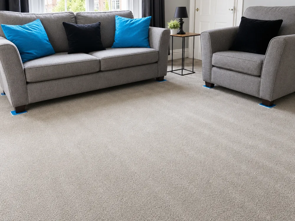Freshly cleaned living room carpet with lifted pile and even colour