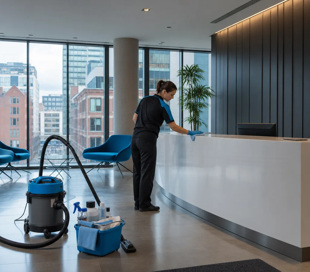 Early-morning commercial cleaner preparing an office reception area in Leeds with a professional cleaning kit