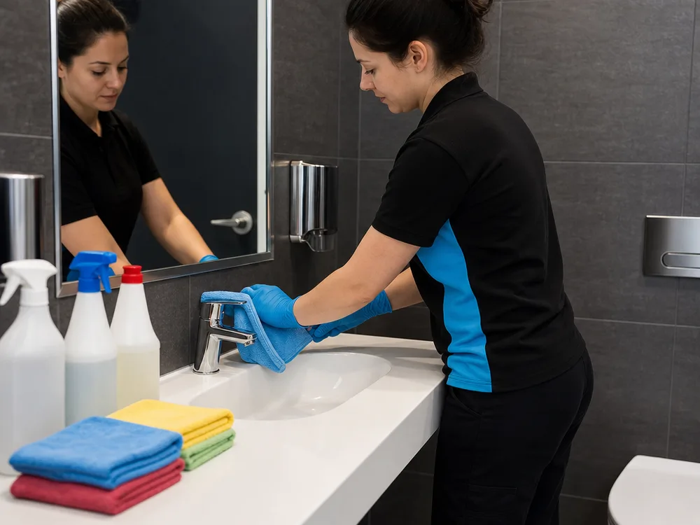 Commercial cleaner detailing washroom touchpoints with colour-coded cloths and labelled cleaning products
