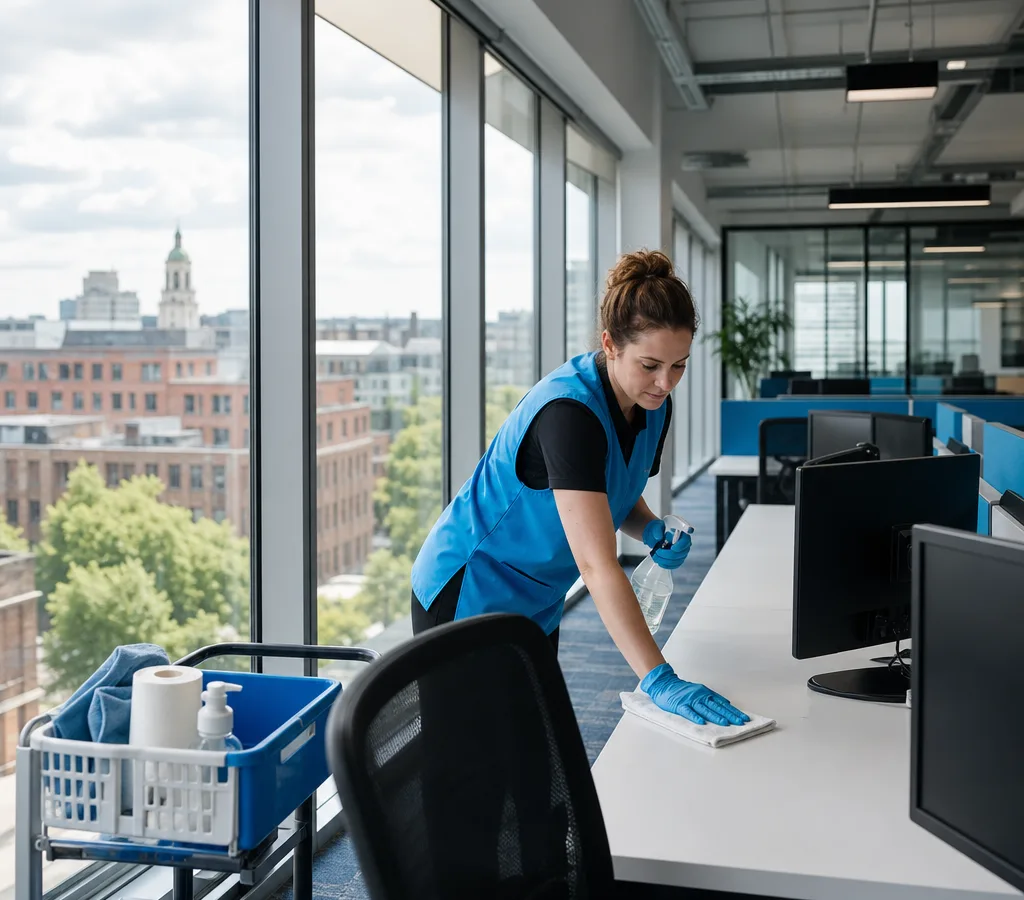 Office cleaner wiping and disinfecting a shared desk area in a modern Leeds workplace