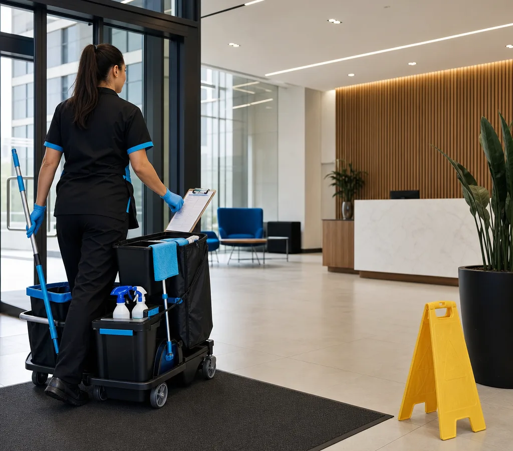 Commercial cleaner with PPE, trolley and microfiber system entering a modern Leeds office reception