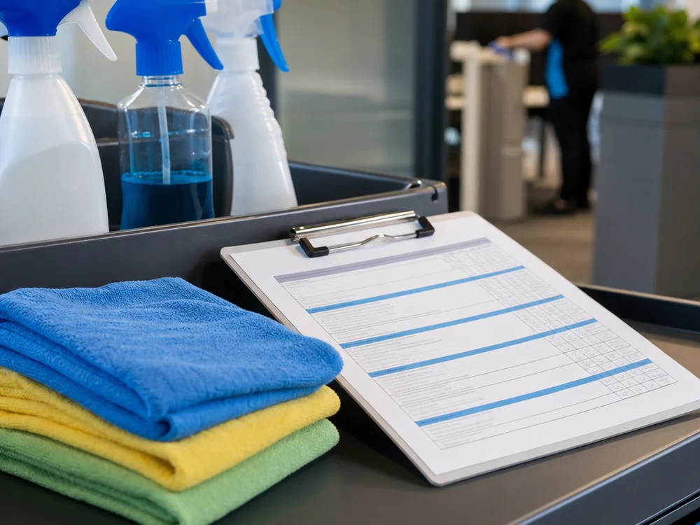 Printed commercial cleaning specification beside colour-coded microfiber cloths and labelled cleaning products
