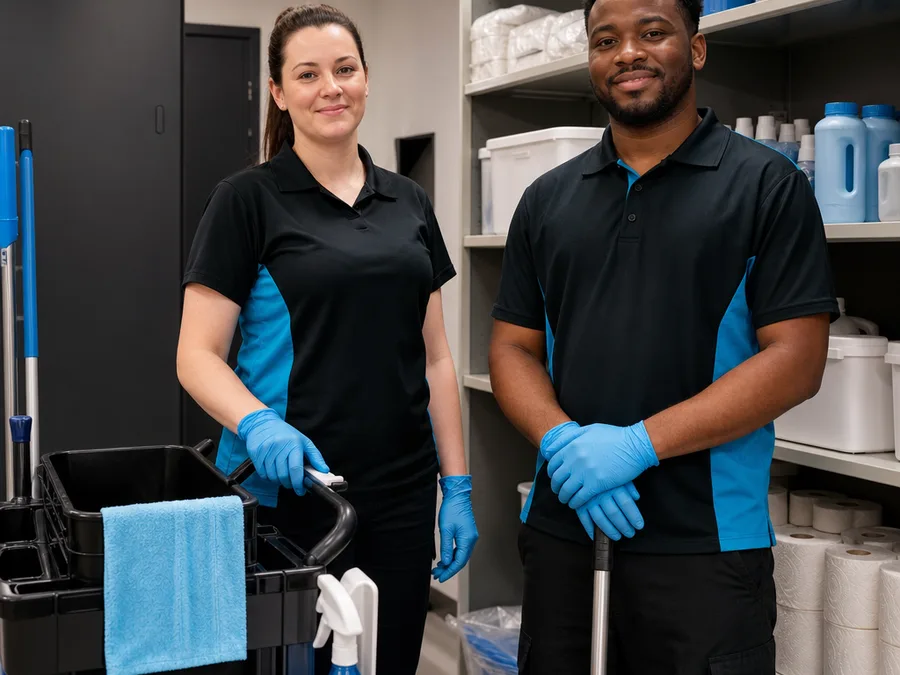 Two uniformed cleaners standing with labelled supplies and a cleaning trolley