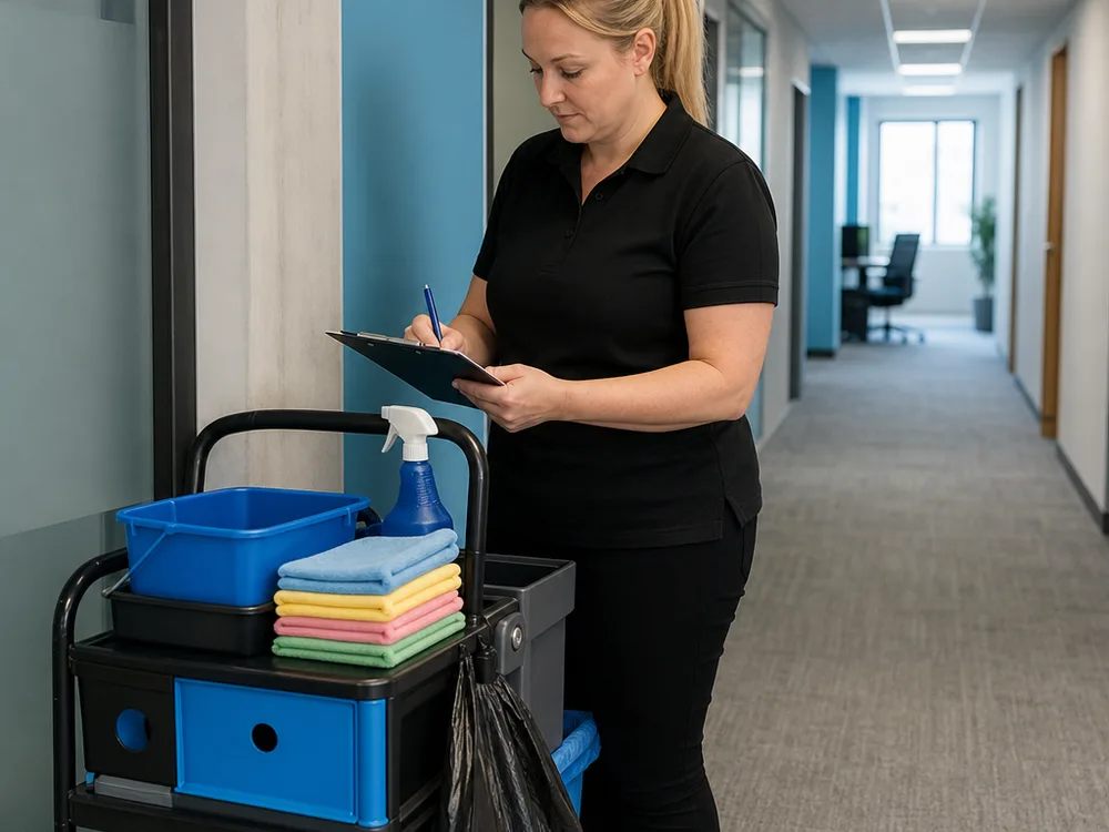 Cleaner preparing a checklist and colour-coded cloths on a trolley in an office corridor